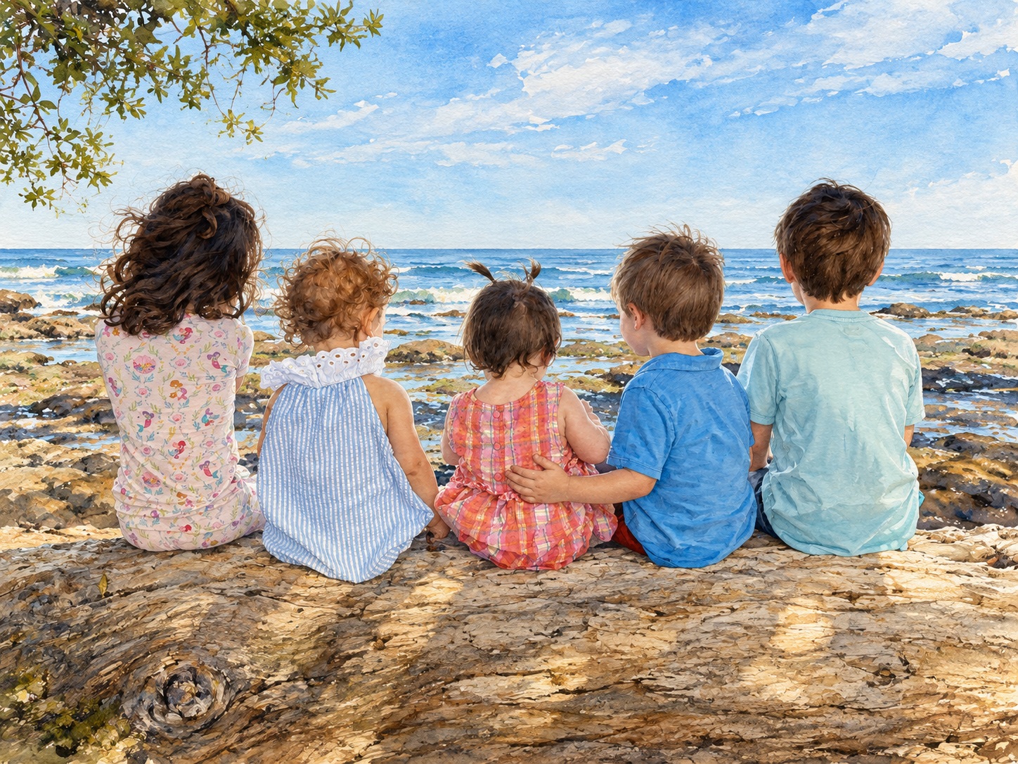 Watercolor of five children sitting together on a seaside log